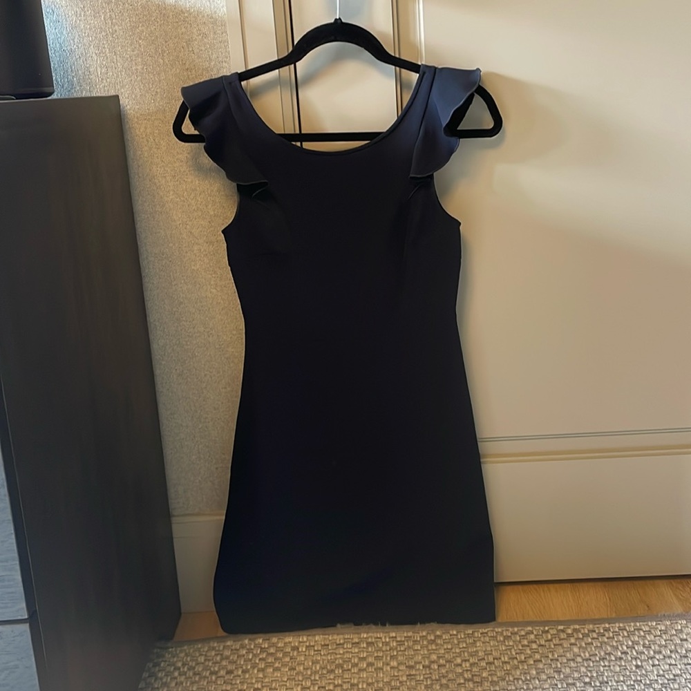 Navy Club Monaco dress with ruffle sleeve